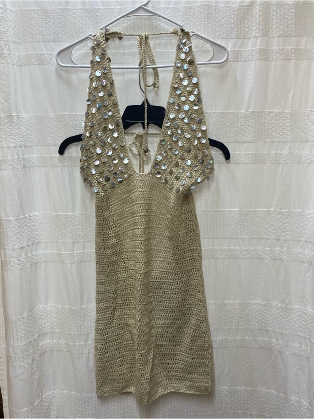 White Fox Boutique Gold Sequin-Embellished Crochet Backless Mini Dress
